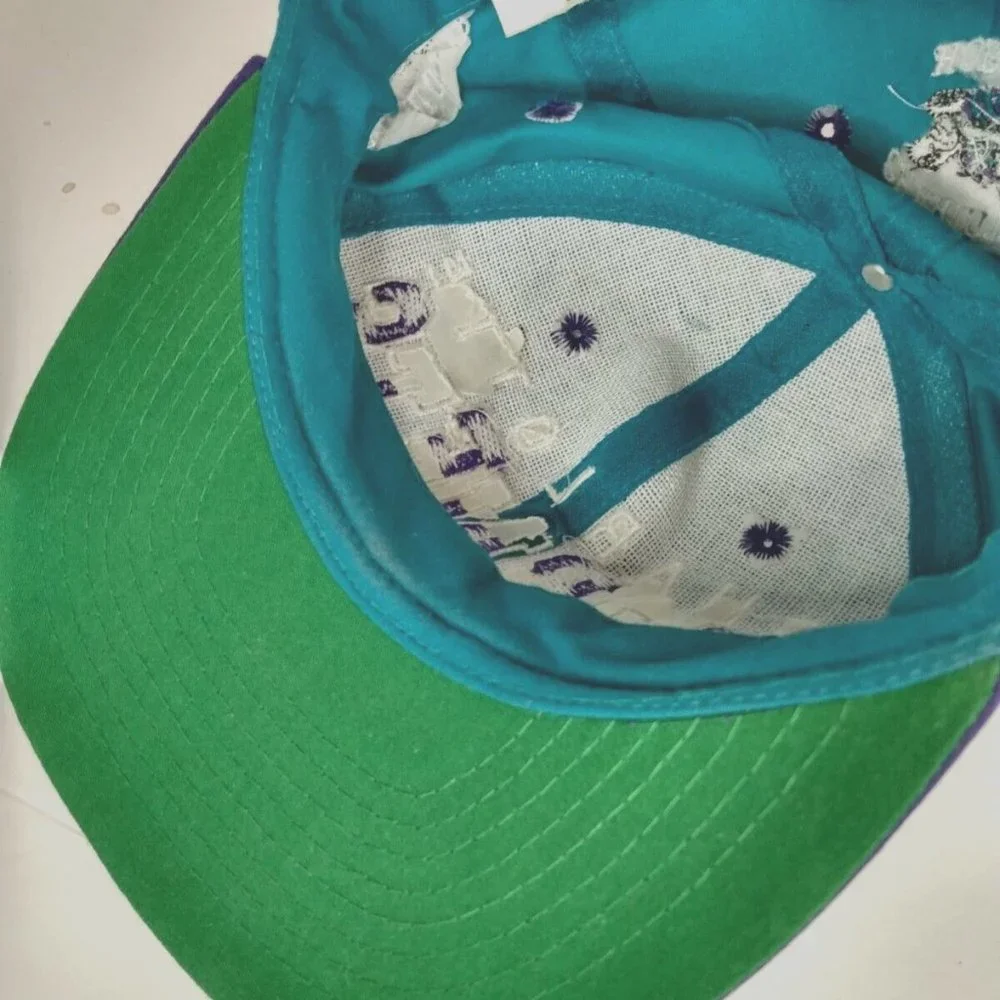Vtg Charlotte Hornets Snapback Hat Block Letters NBA Product Teal Purple Adjust